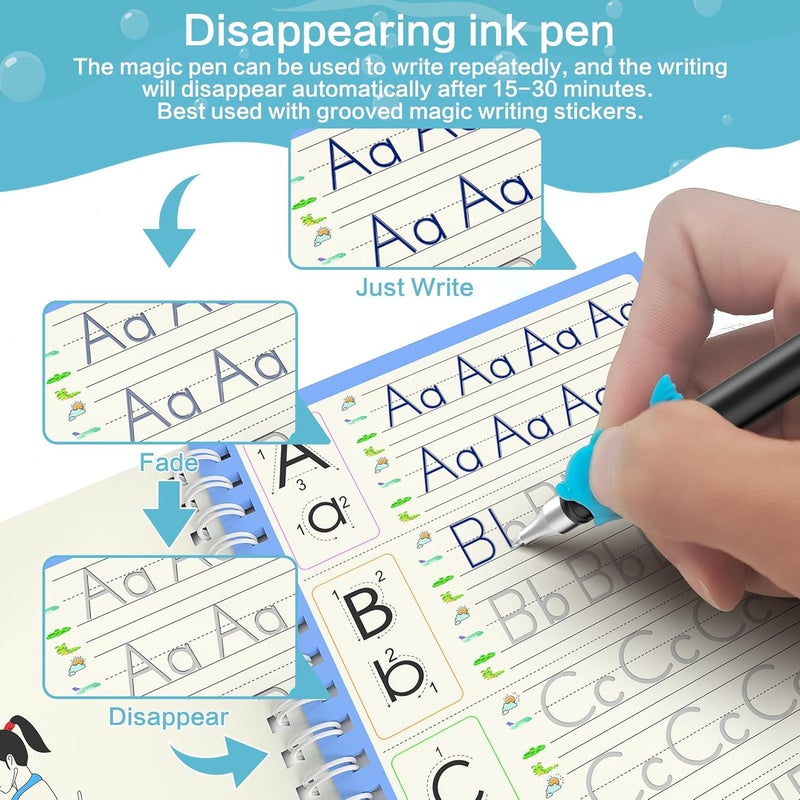 WANFRES disappearing ink pen & magic ink pen refills, Suitable reusable magic grooved writing practice or grooved writing books for kids 3–5 for children's books, Grooved handwriting practice for kids - Image 3